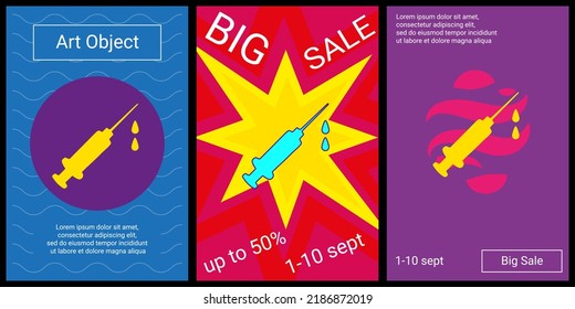 Trendy retro posters for organizing sales and other events. Large syringe symbol in the center of each poster. Vector illustration on black background