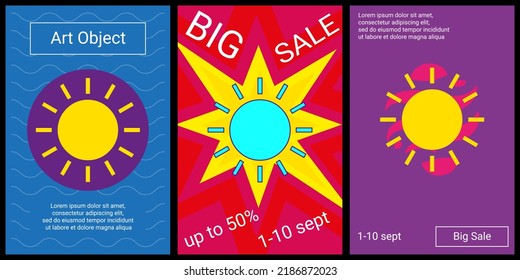 Trendy retro posters for organizing sales and other events. Large sun in the center of each poster. Vector illustration on black background