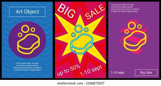 Trendy retro posters for organizing sales and other events. Large soap symbol in the center of each poster. Vector illustration on black background
