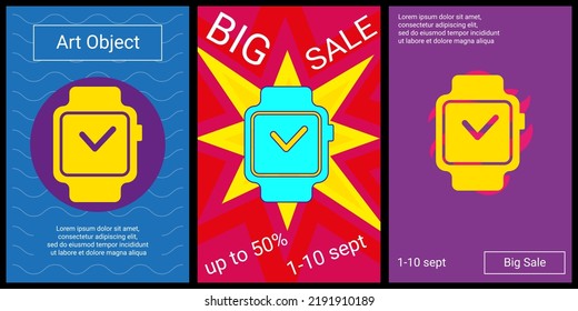 Trendy retro posters for organizing sales and other events. Large smart watch symbol in the center of each poster. Vector illustration on black background