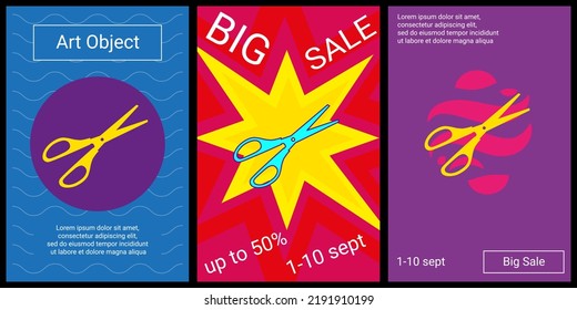 Trendy retro posters for organizing sales and other events. Large scissors symbol in the center of each poster. Vector illustration on black background