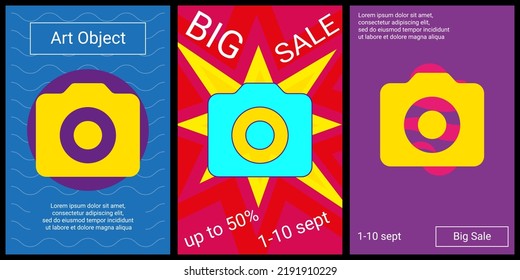 Trendy retro posters for organizing sales and other events. Large photo camera symbol in the center of each poster. Vector illustration on black background