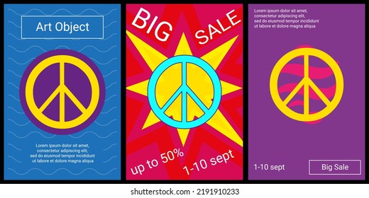Trendy retro posters for organizing sales and other events. Large peace symbol in the center of each poster. Vector illustration on black background