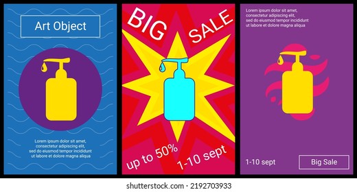 Trendy retro posters for organizing sales and other events. Large liquid soap symbol in the center of each poster. Vector illustration on black background