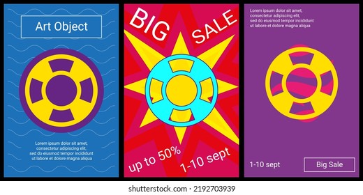 Trendy retro posters for organizing sales and other events. Large lifebuoy symbol in the center of each poster. Vector illustration on black background