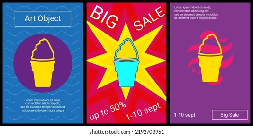 Trendy retro posters for organizing sales and other events. Large ice cream symbol in the center of each poster. Vector illustration on black background