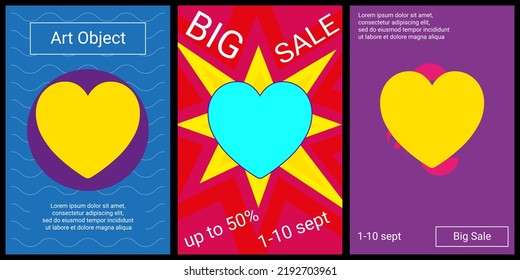 Trendy retro posters for organizing sales and other events. Large heart in the center of each poster. Vector illustration on black background