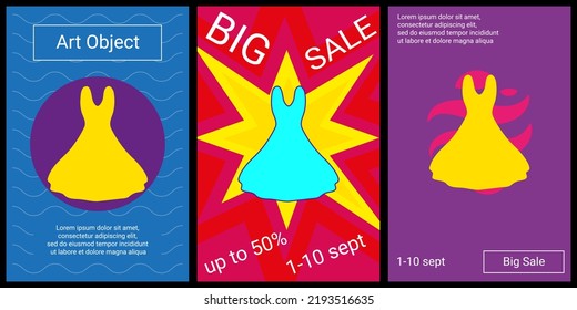 Trendy retro posters for organizing sales and other events. Large flared dress symbol in the center of each poster. Vector illustration on black background