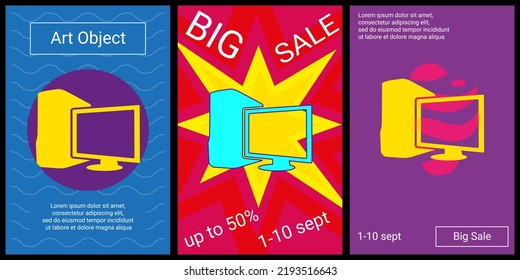 Trendy retro posters for organizing sales and other events. Large desktop symbol in the center of each poster. Vector illustration on black background