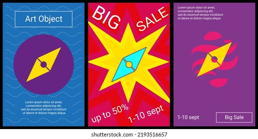 Trendy retro posters for organizing sales and other events. Large compass symbol in the center of each poster. Vector illustration on black background