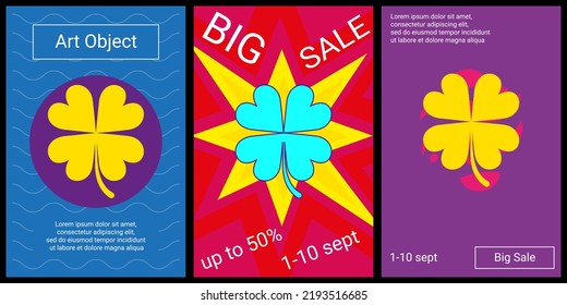 Trendy retro posters for organizing sales and other events. Large four-leaf clover symbol in the center of each poster. Vector illustration on black background