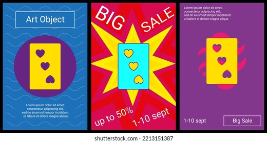 Trendy retro posters for organizing sales and other events. Large Three of hearts playing card in the center of each poster. Vector illustration on black background
