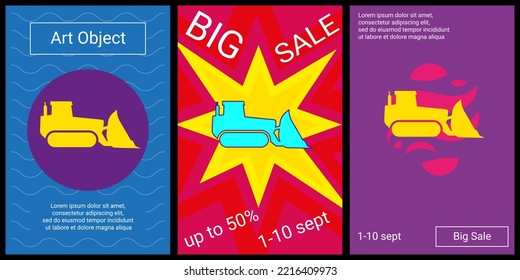 Trendy retro posters for organizing sales and other events. Large bulldozer symbol in the center of each poster. Vector illustration on black background