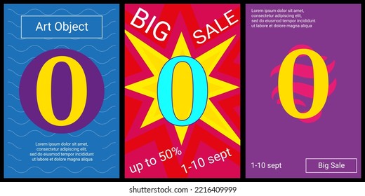 Trendy retro posters for organizing sales and other events. Large number zero symbol in the center of each poster. Vector illustration on black background