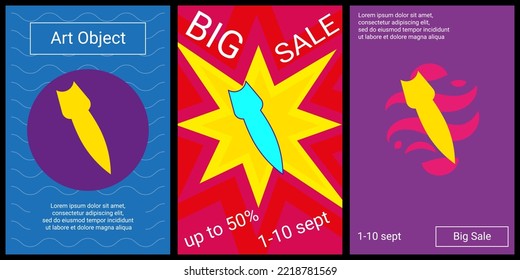 Trendy retro posters for organizing sales and other events. Large falling rocket symbol in the center of each poster. Vector illustration on black background