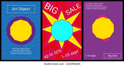Trendy retro posters for organizing sales and other events. Large decagon symbol in the center of each poster. Vector illustration on black background