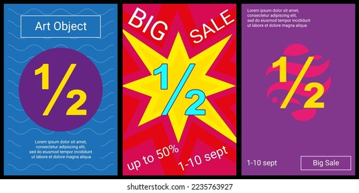 Trendy retro posters for organizing sales and other events. Large half fraction symbol in the center of each poster. Vector illustration on black background