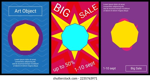 Trendy retro posters for organizing sales and other events. Large nonagon symbol in the center of each poster. Vector illustration on black background