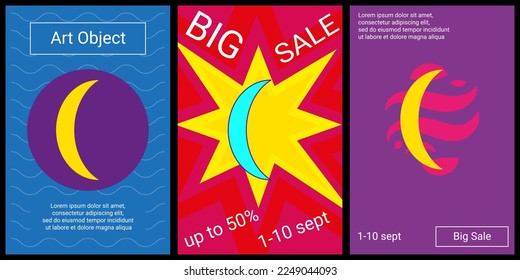 Trendy retro posters for organizing sales and other events. Large crescent symbol in the center of each poster. Vector illustration on black background