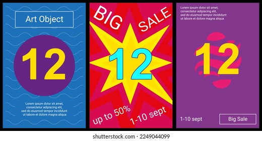 Trendy retro posters for organizing sales and other events. Large twelve number in the center of each poster. Vector illustration on black background