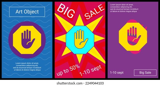 Trendy retro posters for organizing sales and other events. Large stop hand symbol in the center of each poster. Vector illustration on black background
