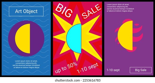 Trendy retro posters for organizing sales and other events. Large semicircle symbol in the center of each poster. Vector illustration on black background