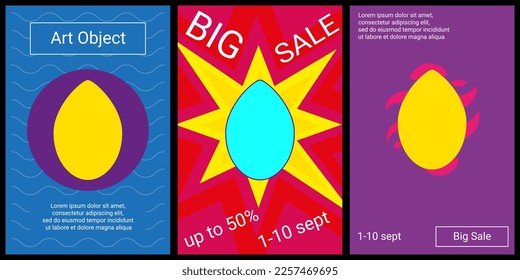 Trendy retro posters for organizing sales and other events. Large oval symbol in the center of each poster. Vector illustration on black background