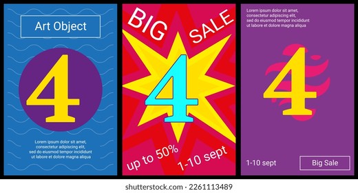 Trendy retro posters for organizing sales and other events. Large number four symbol in the center of each poster. Vector illustration on black background