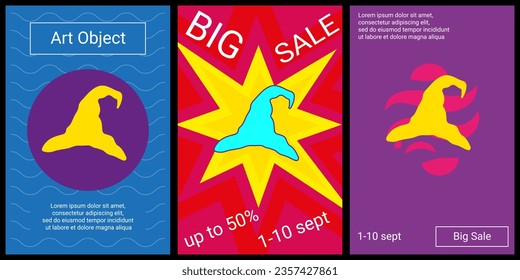 Trendy retro posters for organizing sales and other events. Large wizard hat symbol in the center of each poster. Vector illustration on black background