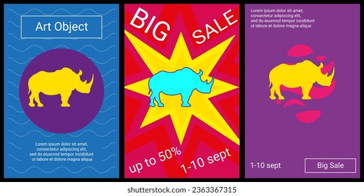 Trendy retro posters for organizing sales and other events. Large rhino symbol in the center of each poster. Vector illustration on black background