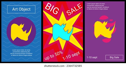 Trendy retro posters for organizing sales and other events. Large rhinoceros head symbol in the center of each poster. Vector illustration on black background