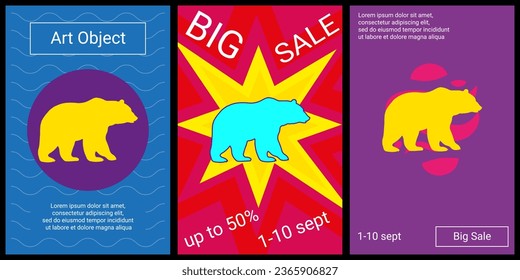 Trendy retro posters for organizing sales and other events. Large bear icon in the center of each poster. Vector illustration on black background