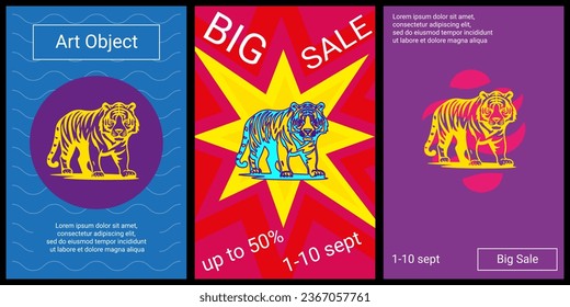 Trendy retro posters for organizing sales and other events. Large tiger symbol in the center of each poster. Vector illustration on black background