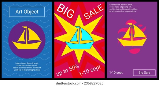 Trendy retro posters for organizing sales and other events. Large sailing boat symbol in the center of each poster. Vector illustration on black background