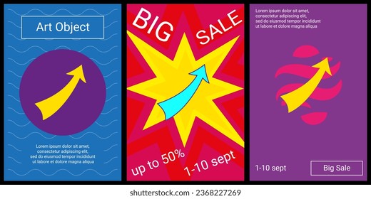 Trendy retro posters for organizing sales and other events. Large up arrow in the center of each poster. Vector illustration on black background