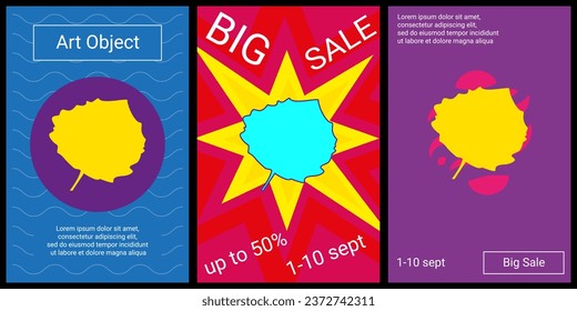 Trendy retro posters for organizing sales and other events. Large aspen leaf in the center of each poster. Vector illustration on black background