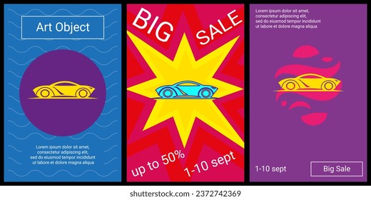 Trendy retro posters for organizing sales and other events. Large future car symbol in the center of each poster. Vector illustration on black background