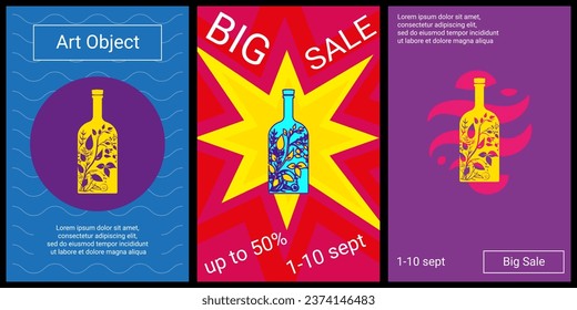 Trendy retro posters for organizing sales and other events. Large a branch in a bottle symbol in the center of each poster. Vector illustration on black background