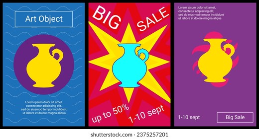 Trendy retro posters for organizing sales and other events. Large antique vase symbol in the center of each poster. Vector illustration on black background