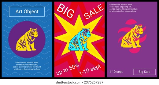 Trendy retro posters for organizing sales and other events. Large sitting tiger symbol in the center of each poster. Vector illustration on black background