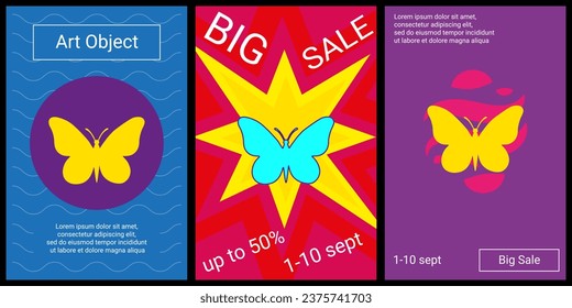 Trendy retro posters for organizing sales and other events. Large butterfly symbol in the center of each poster. Vector illustration on black background