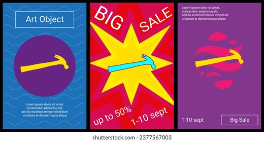 Trendy retro posters for organizing sales and other events. Large hammer symbol in the center of each poster. Vector illustration on black background