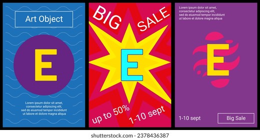 Trendy retro posters for organizing sales and other events. Large capital letter E symbol in the center of each poster. Vector illustration on black background