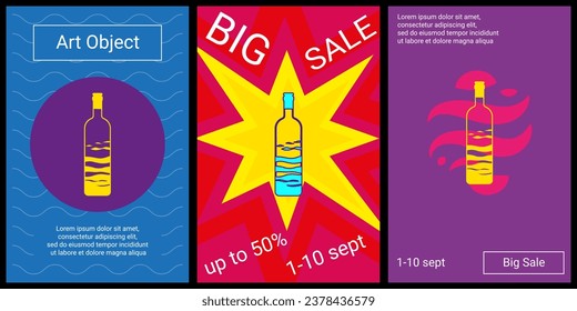 Trendy retro posters for organizing sales and other events. Large the world in a bottle symbol in the center of each poster. Vector illustration on black background