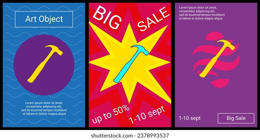 Trendy retro posters for organizing sales and other events. Large hammer symbol in the center of each poster. Vector illustration on black background