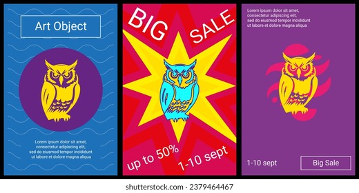 Trendy retro posters for organizing sales and other events. Large owl symbol in the center of each poster. Vector illustration on black background