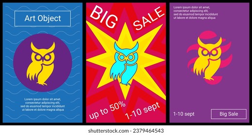 Trendy retro posters for organizing sales and other events. Large owl symbol in the center of each poster. Vector illustration on black background