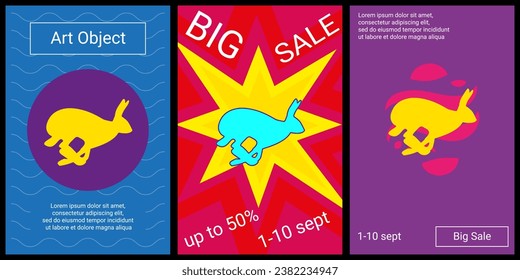 Trendy retro posters for organizing sales and other events. Large hare runs symbol in the center of each poster. Vector illustration on black background