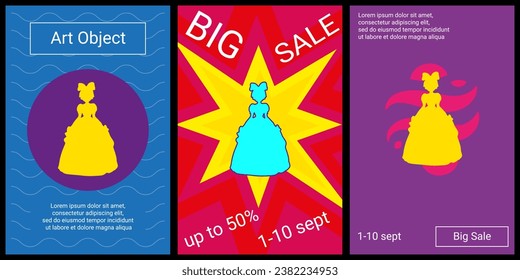 Trendy retro posters for organizing sales and other events. Large princess symbol in the center of each poster. Vector illustration on black background