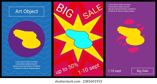 Trendy retro posters for organizing sales and other events. Large sanding machine symbol in the center of each poster. Vector illustration on black background